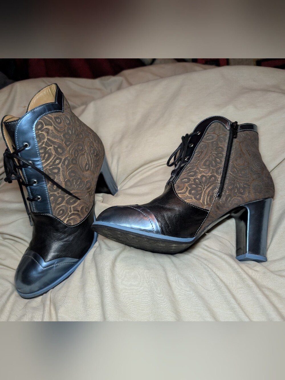 John Fluevog Black and Brown Patterned Lace-Up Ankle Boots